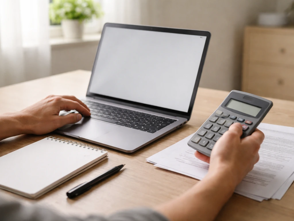 Person reviewing stock data on a laptop next to a notebook and calculator in a quiet office