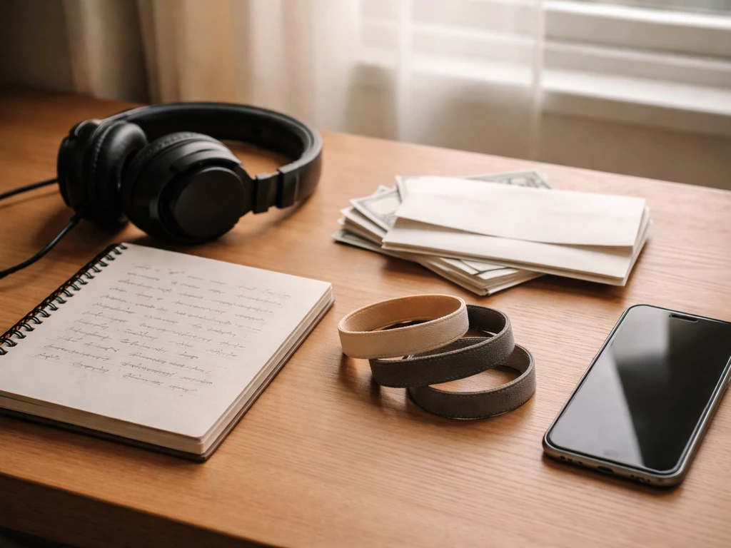 Minimal studio desk with headphones, blank envelopes, wristbands, and an off smartphone symbolizing music income streams
