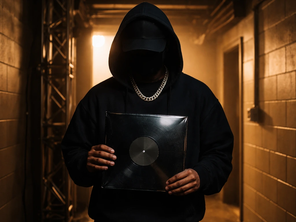 Anonymous rapper holding a vinyl record backstage with warm stage light in the corridor.