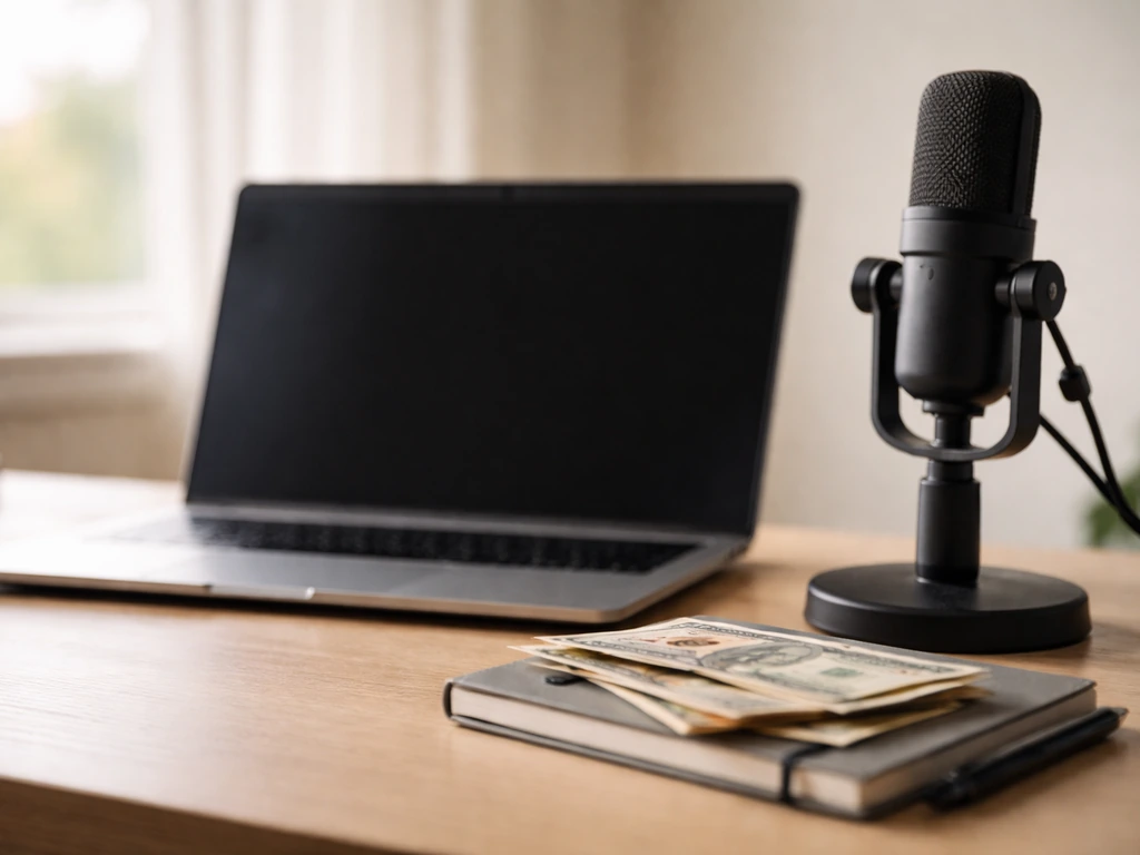 Desk scene with a laptop, studio microphone, and cash symbolizing media analytics and net worth estimation.