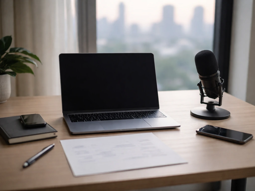 Minimal creator workspace with laptop and microphone, suggesting income modeling and social analytics