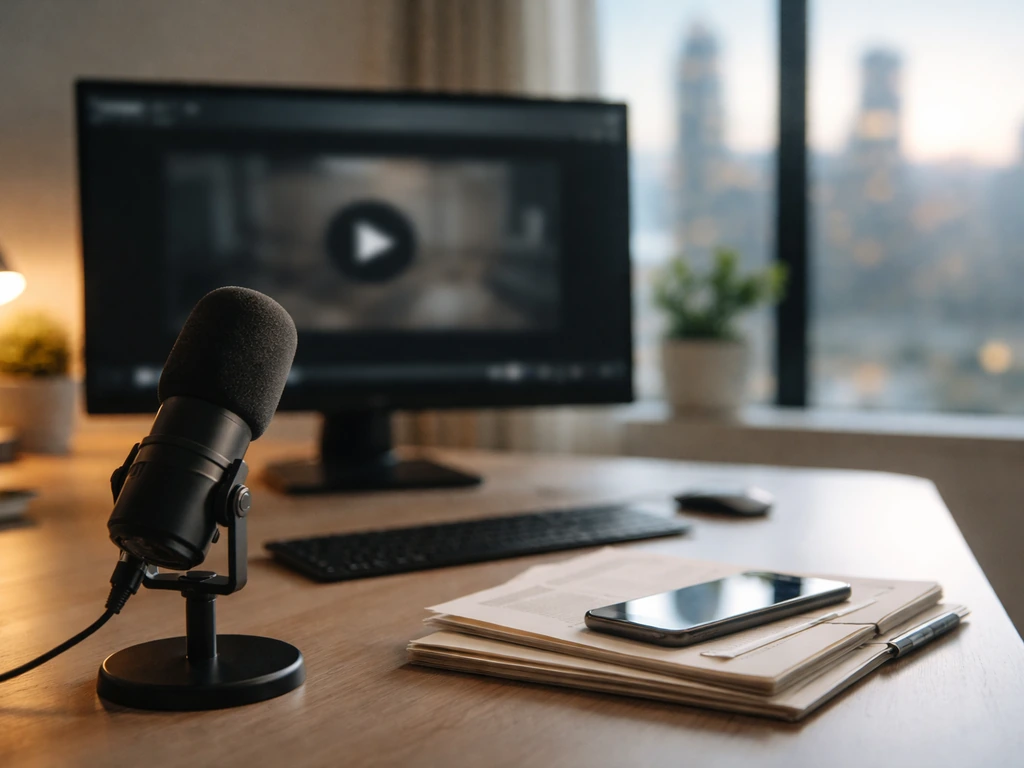 Minimal home office scene with a computer and microphone suggesting a forex creator identity check vibe.