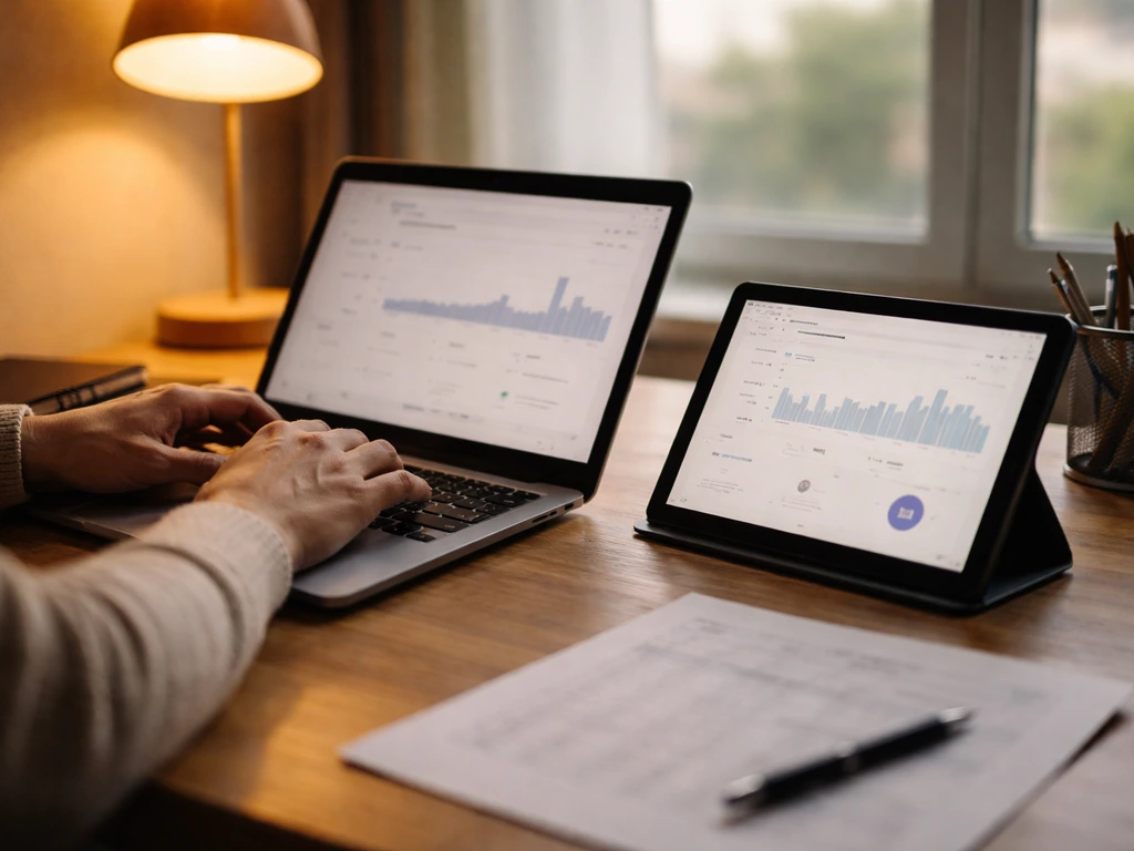 Person working on a laptop showing a generic YouTube analytics dashboard to estimate revenue