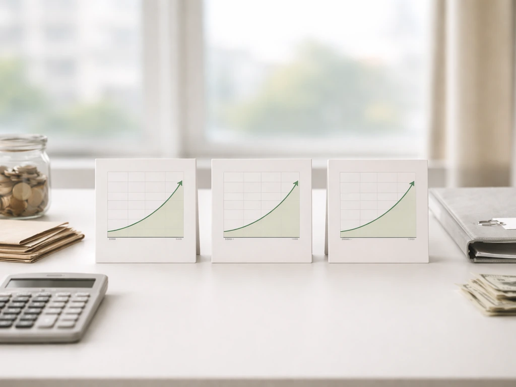 Minimal office desk with three labeled-looking scenario cards beside a calculator, coin jar, and folders