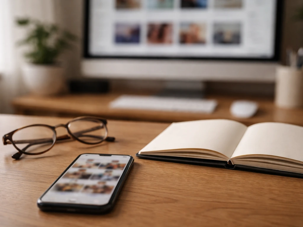 Home office desk with smartphone showing blurred overlapping profiles, suggesting hard-to-pin identity research.