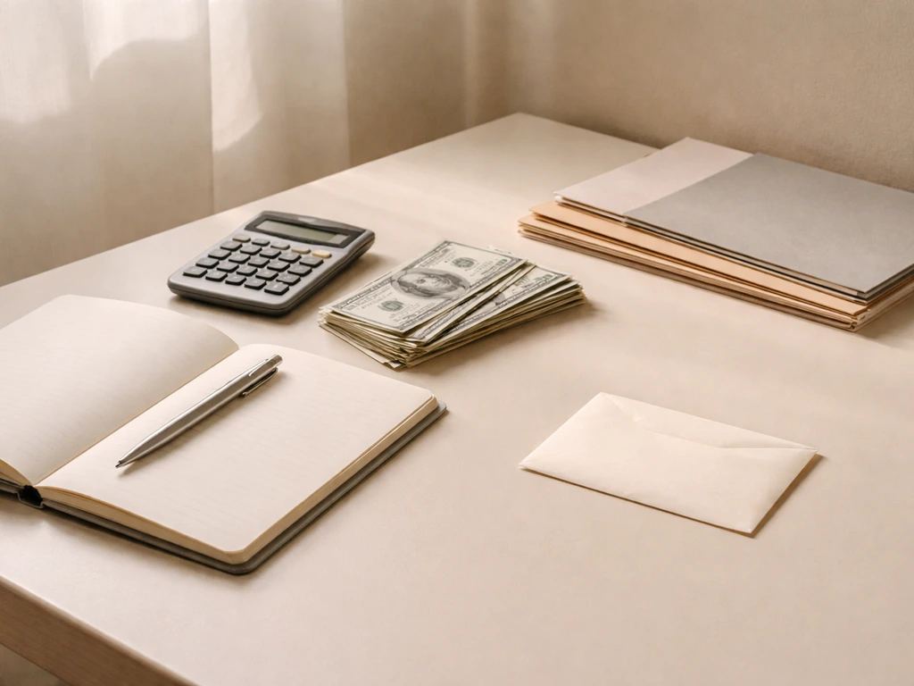 Minimal desk scene showing stacked cash and a calculator beside a notebook, symbolizing assets minus liabilities.