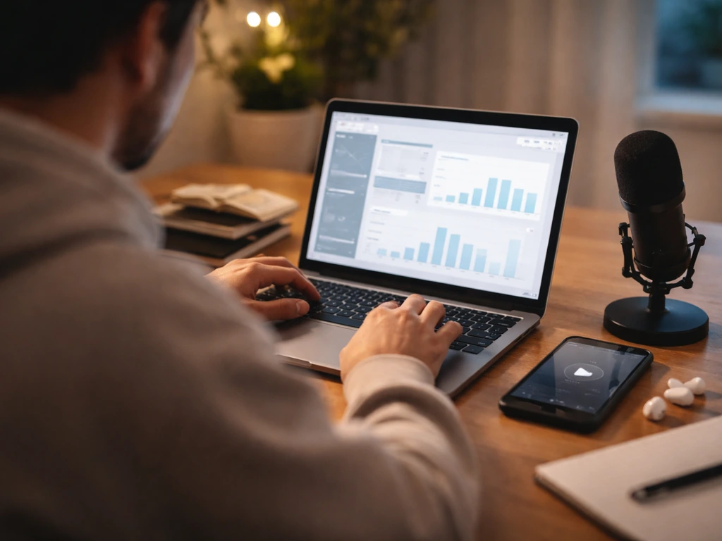 Anonymous home-studio desk with laptop analytics-style panels and studio microphone, representing YouTube ad revenue.