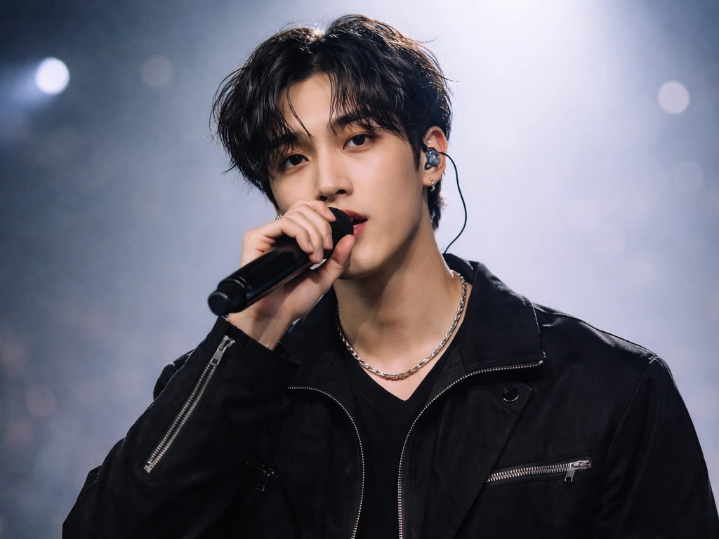 Bang Chan performing on stage under soft concert lights, holding a microphone, minimalist audience blur