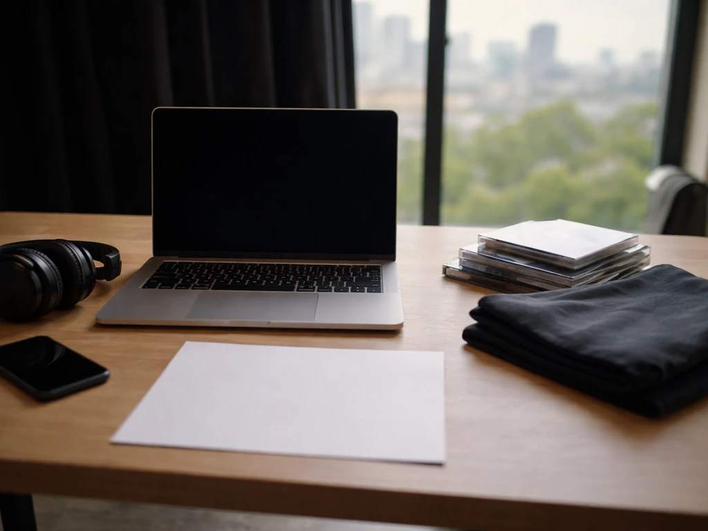 Minimal desk with laptop, headphones, music media cases, and merch item suggesting multiple income streams