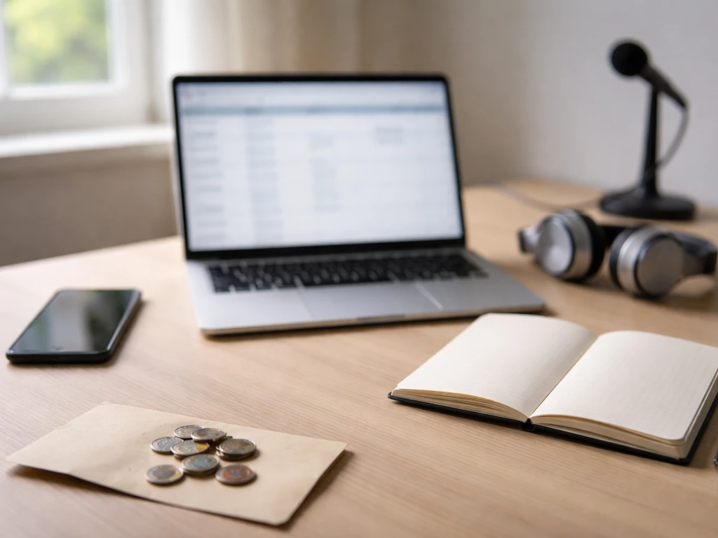 Minimal desk scene with open laptop, blank notebook, coins, and headphones symbolizing verifying changing numbers