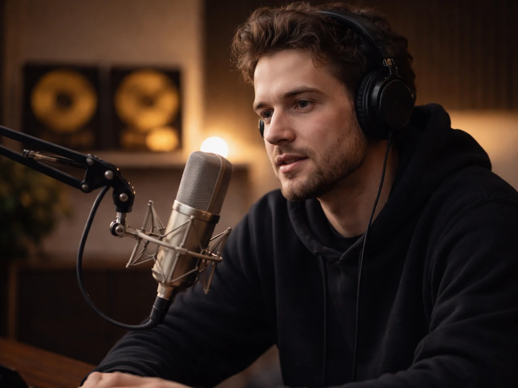 Anonymous music producer in a studio with a vintage microphone and gold record plaques on a simple shelf