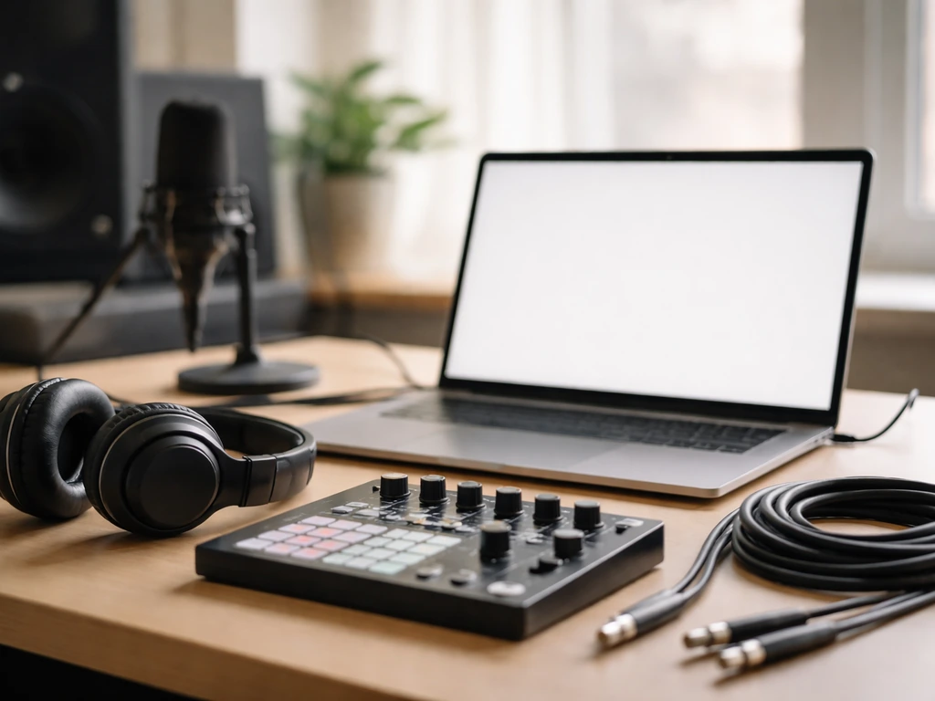 Music producer’s studio desk with mixer and headphones, symbolizing production fees and royalty-generating sessions.