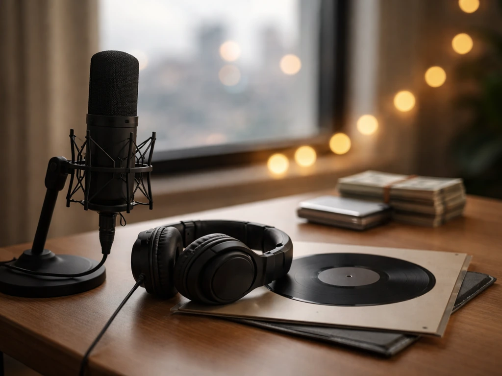 Recording studio desk with microphone, headphones, and subtle money symbols in soft natural light