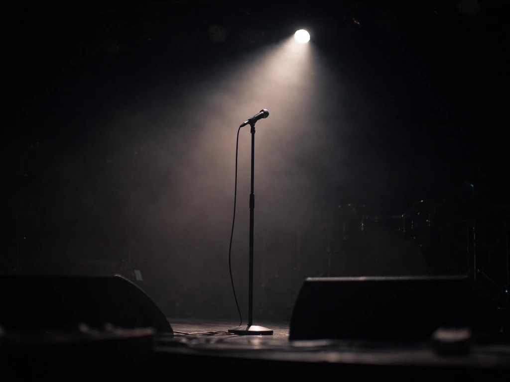 Empty nightclub stage with a microphone under spotlight, hinting at a rap performance atmosphere.