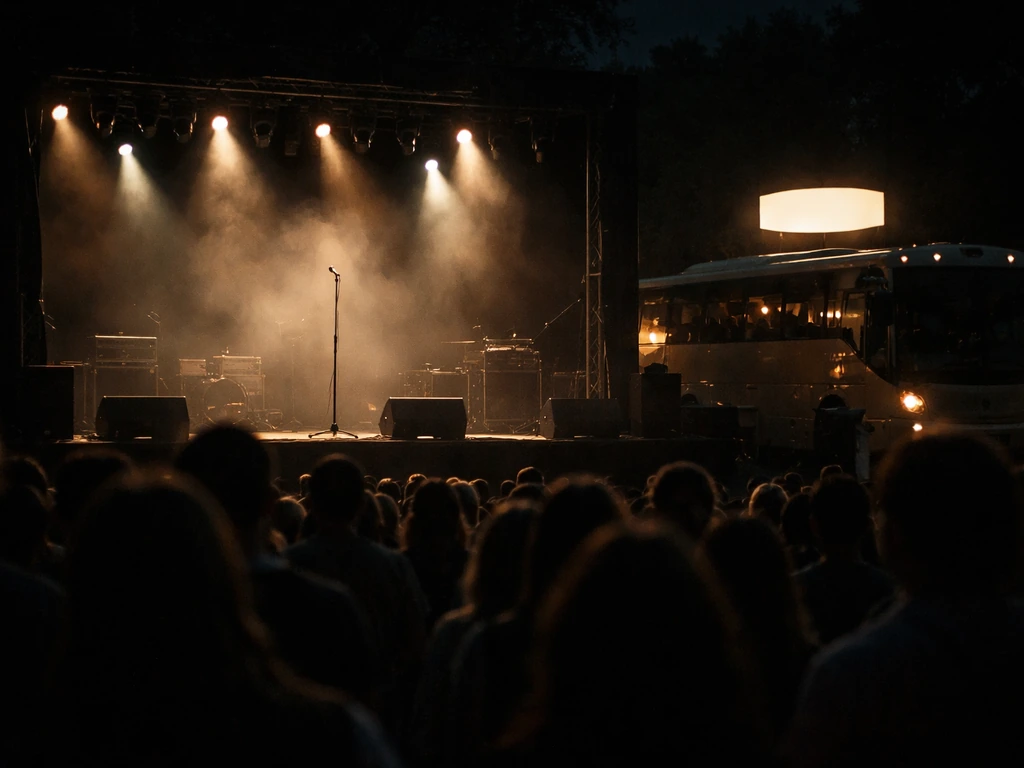 Nighttime concert scene with a lit stage, empty/quiet crowd area, and a tour bus parked nearby.
