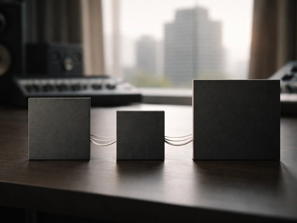 Minimal photo of dark room desk with vinyl-style square label blocks linking to a distributor building silhouette
