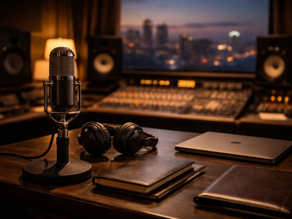 Microphone and headphones in a stylish studio with a subtle city skyline glow at dusk.