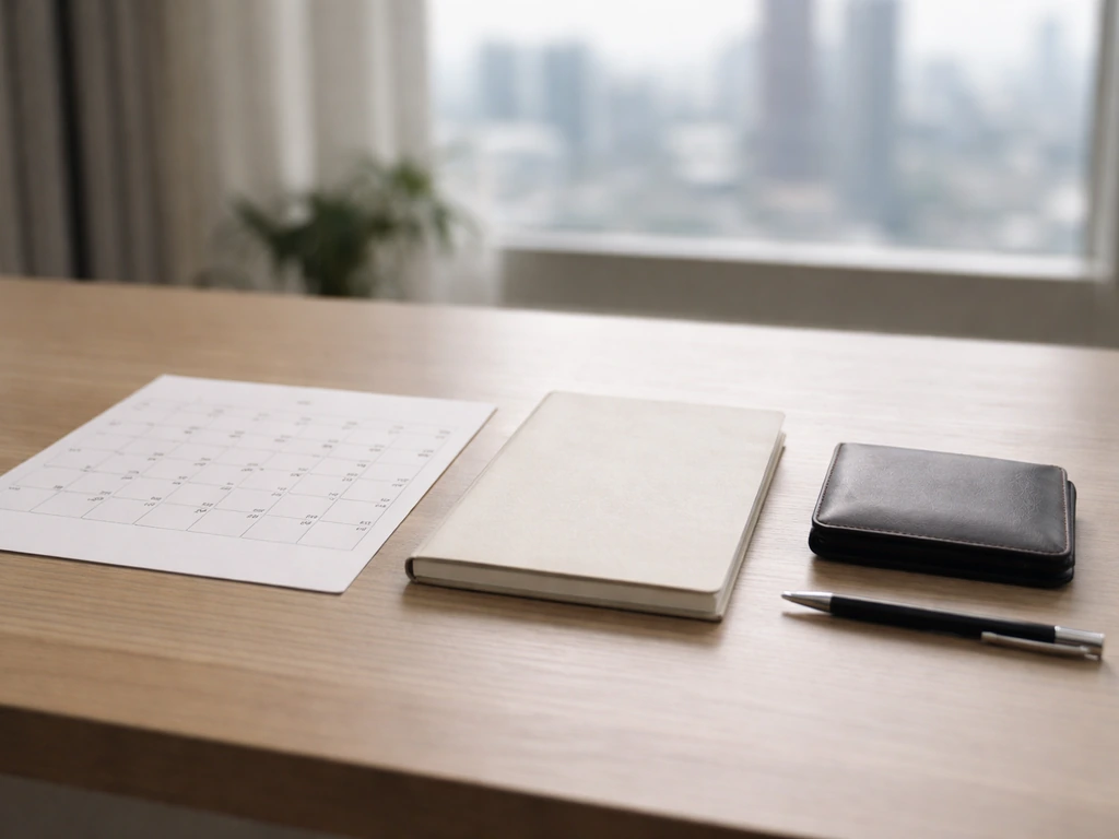 Minimal office desk with a calendar page and muted business notes, symbolizing a year-by-year timeline