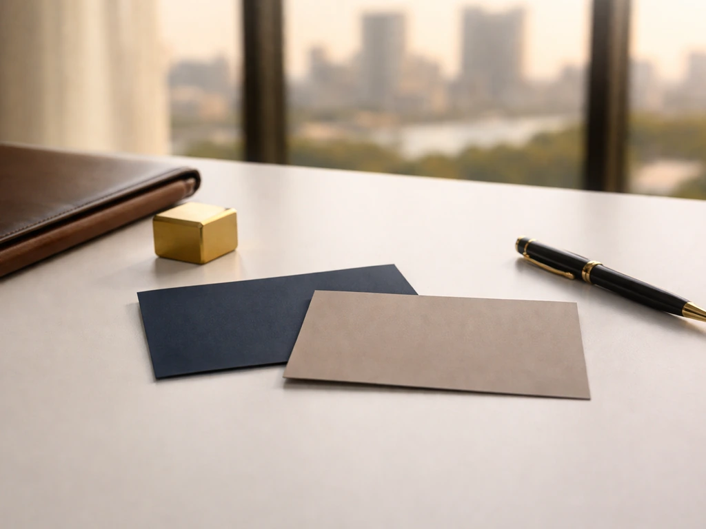 Minimal investment desk with two unlabeled portfolio cards and a city skyline in soft focus.