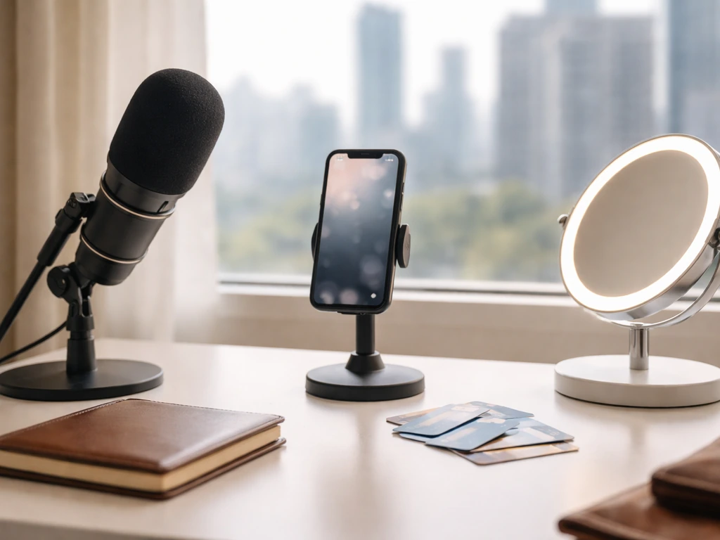 Anonymous creator desk with smartphone, microphone, and wallet symbolizing a net worth estimate.