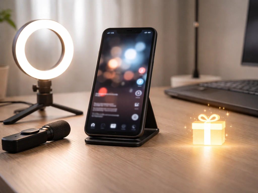 Smartphone on a creator desk with ring light and mic, suggesting TikTok monetization without any person.
