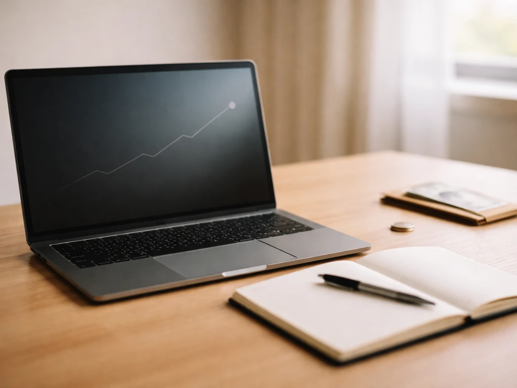 Minimal desk scene with a notebook, a pen, and a subtle trend-like line reflection on a laptop screen