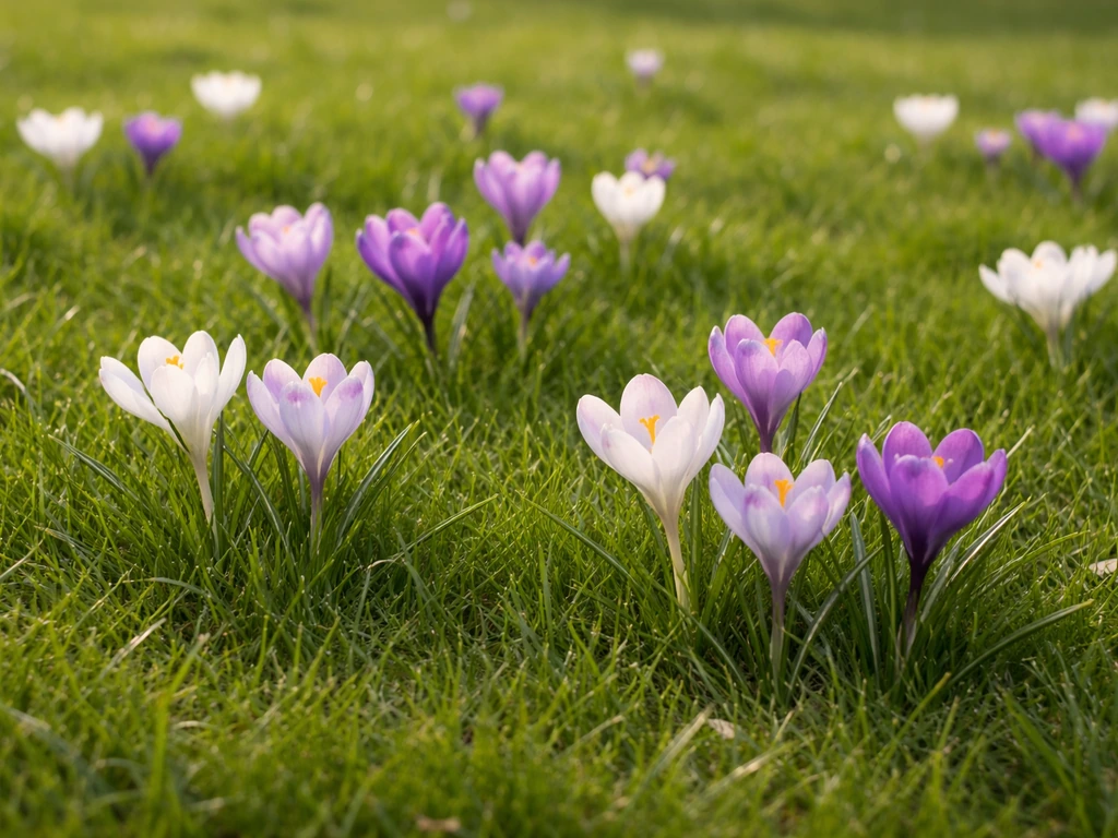 Meerdere botanische krokussen in bloei die zich natuurlijk tussen kort gras verspreiden.