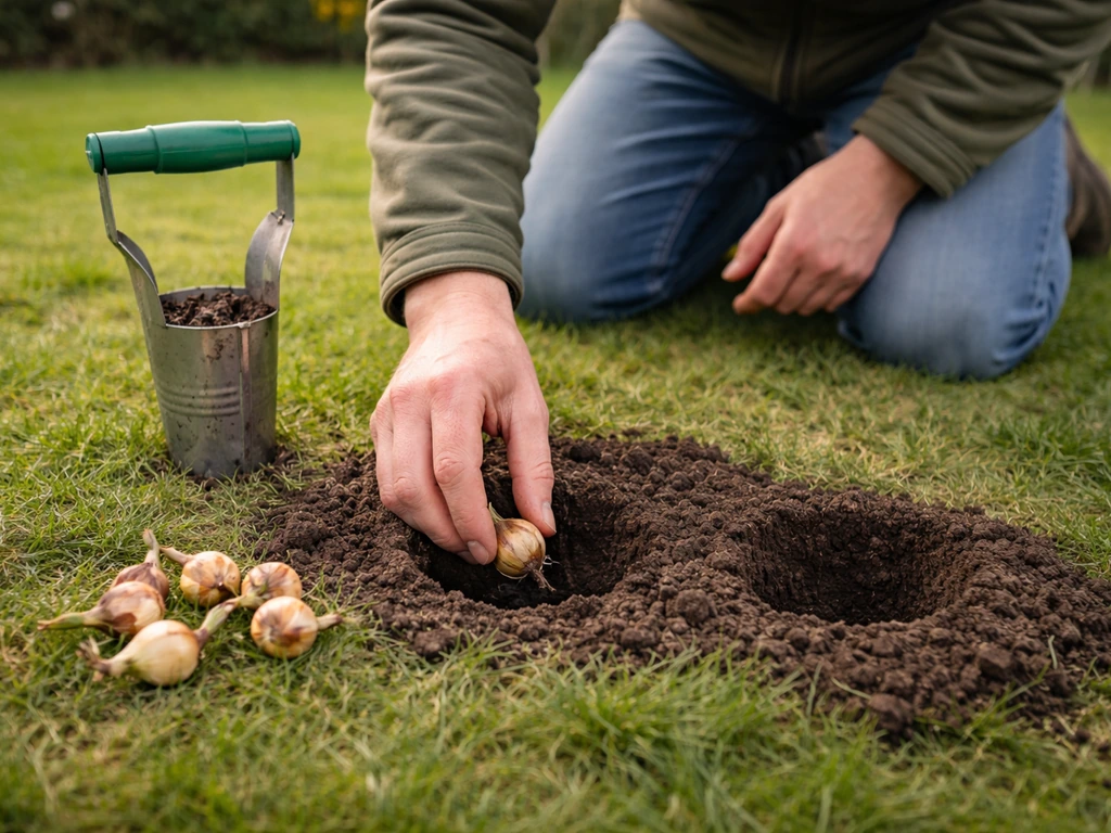 Krokusbollen worden in een plantgat in het gras geplaatst met een bolplanter, met enkele bollen binnen handbereik.