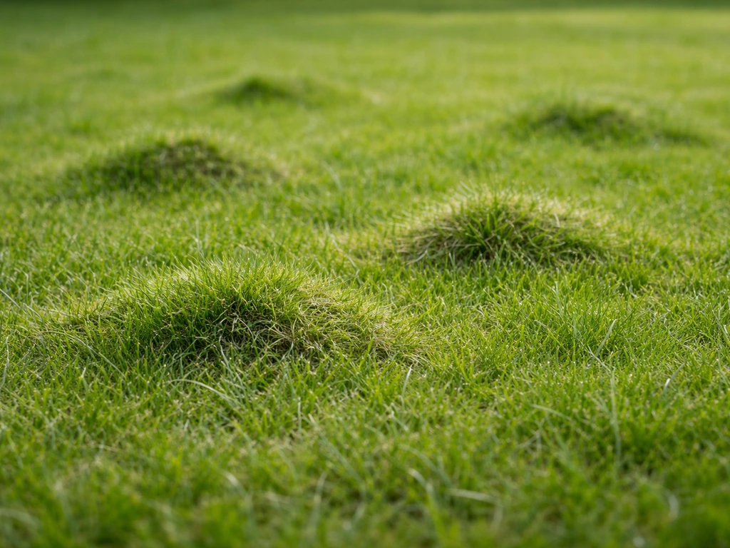 Close-up van bulten in het gazon met groene graspolletjes en onregelmatige hoopjes in Nederland