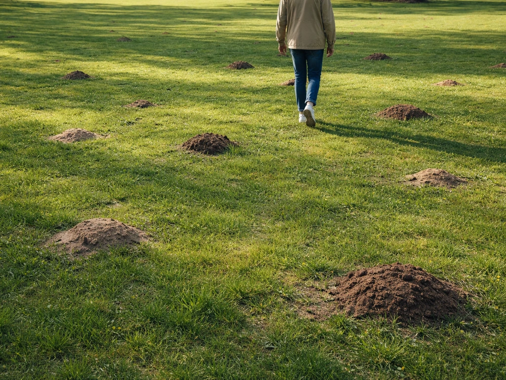 Een persoon loopt door het gazon; meerdere zandige en modderige bultjes zijn verspreid zichtbaar.
