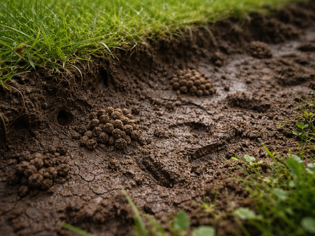 Regenwormactiviteiten in een vochtig gazon: kleine grondhoopjes en zichtbare wormgangen aan de rand