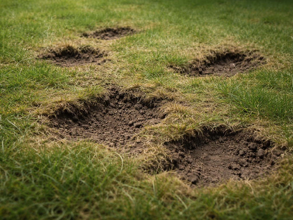 Onregelmatige gangen van woelratten net onder het maaiveld met aangetast gras in een rustige tuin