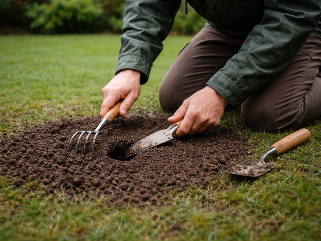 Tuinier in de tuin die molshoopgrond rond een gang voorzichtig egaliseert en aandrukt