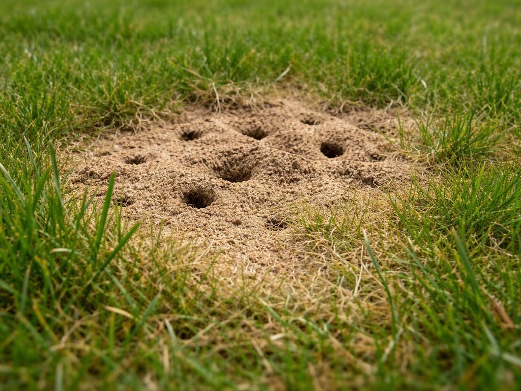 Lichtere, drogere plek in het gazon met zichtbare mieren­tunnels en wat grondophoping, zonder gras te raken.