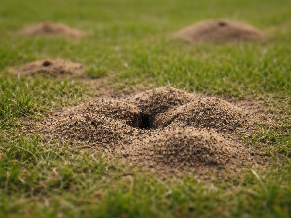Klein gazon-nest met meerdere zandhoopjes en één centrale plek met veel mierenactiviteit.