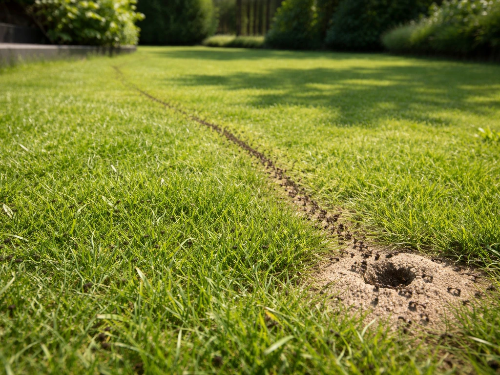 Achtertuin met groen gazon waar mieren een route lopen en een nestplek zichtbaar is.