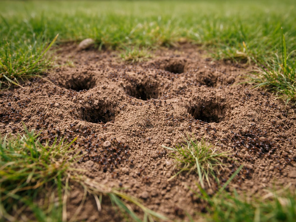 Verstoorde grasmat met zichtbare mieren-tunnels en meerdere nestopeningen in een gazon.