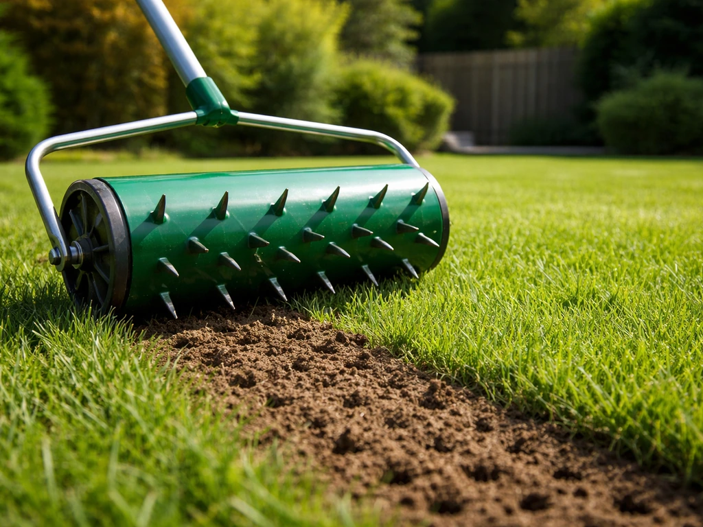 Beluchtingsprikroller die over het gazon rolt, waardoor het gras wordt losgemaakt en netjes herstelt.