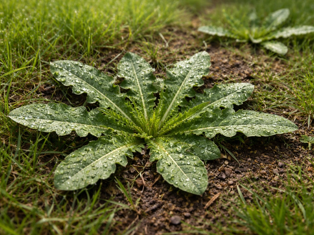 Close-up van een paardenbloemrozet in het gazon met zichtbare open plek en gras dat ongelijk groeit.