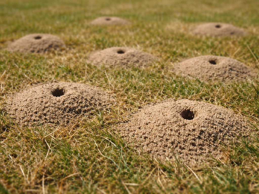 Close-up van zandhoopjes met kleine gaatjes in een zonnig, droog stukje gazon.