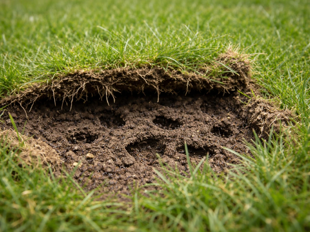 Losgeraakte grasprieten met zichtbare gangen onder een opgelichte grasmat, veroorzaakt door mieren.