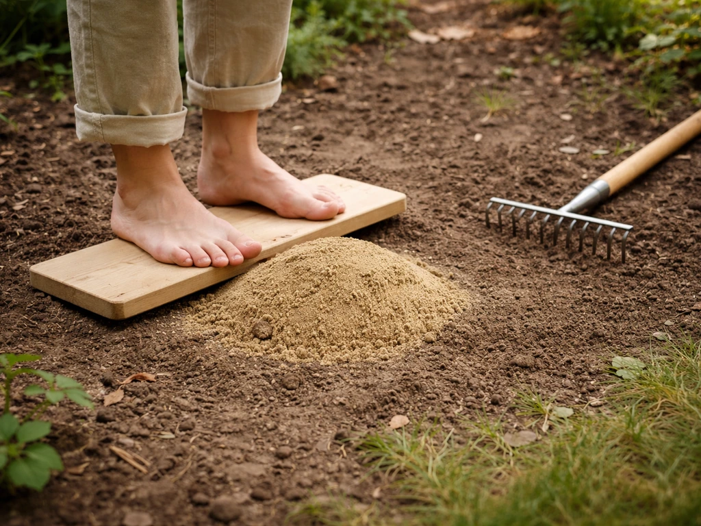 Blote voeten die een zandhoopje voorzichtig indrukken, terwijl daarna met een smalle hark de grond licht wordt vlak gema