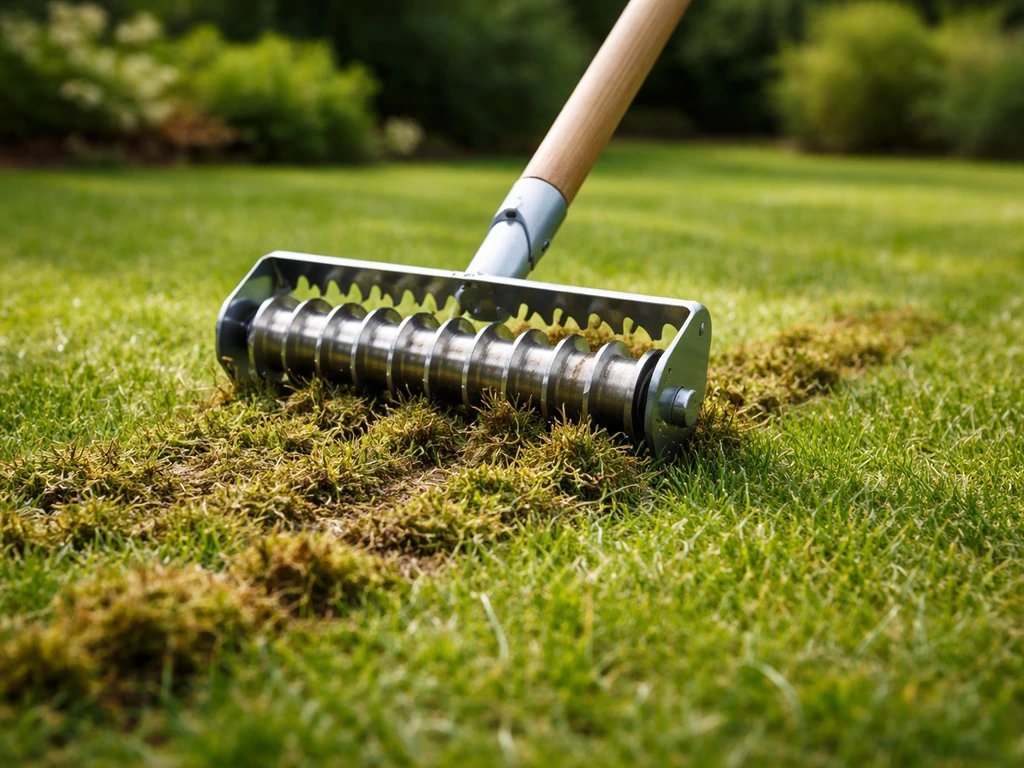 Hulpstuk beluchter/verticuteermes in een groen gazon, met vochtige grond en mosresten, klaar voor onderhoud.
