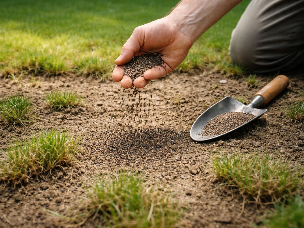 Tuiniershanden met graszaad en een klein schepje die kale plekken na het verticuteren bijwerken