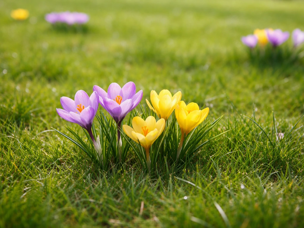 Bloeiende paarse en gele krokussen tussen fris groen gras in een Nederlands gazon, in natuurlijk licht.