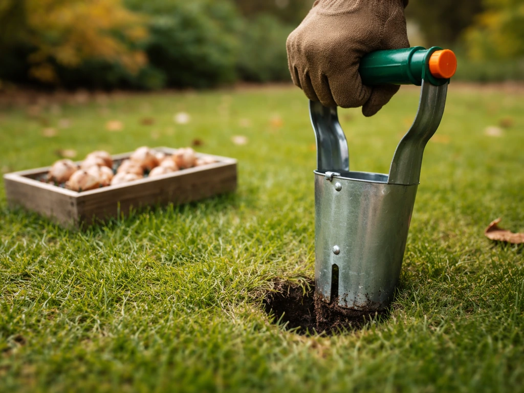 Tuiniergereedschap maakt een plantgat in het gazon met krokusbollen klaar om in oktober te planten.