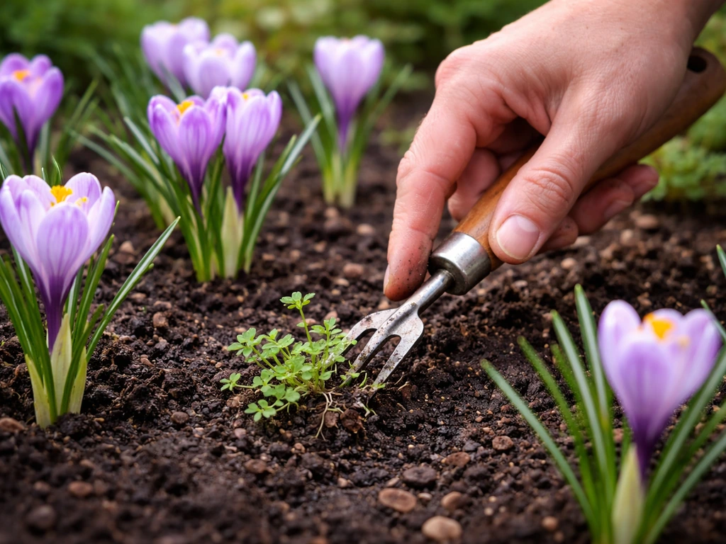 Close-up van onkruid tussen pas geplante krokussen, handmatig wieden zonder de plantgaten te raken.