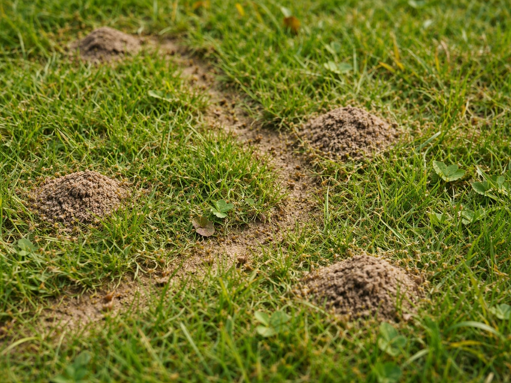 Bovenaanzicht van gele mieren met kleine aarden hoopjes in een Nederlands gazon, gras ertussen
