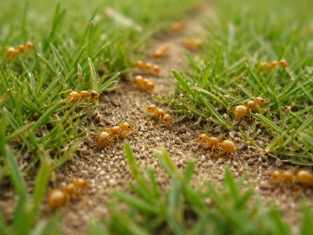 Gele weidemieren op kort gras met zichtbare mierenpaadjes en actieve activiteit