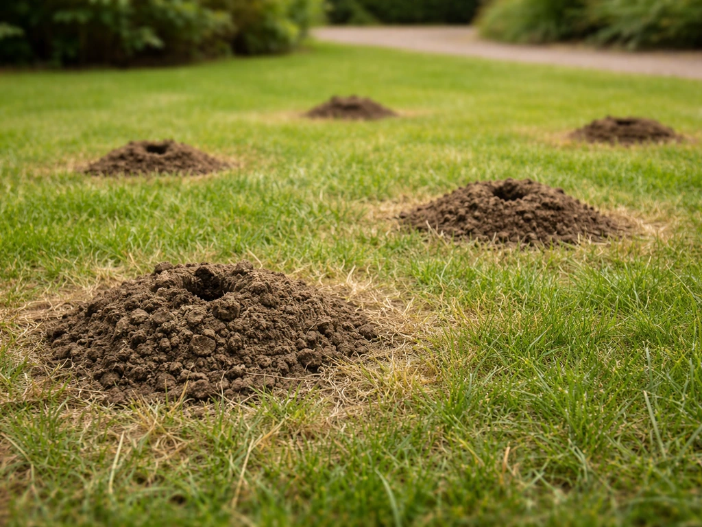 Gazon met kleine aarden hoopjes en dun/gelig gras eromheen, als zichtbare signaalplek van gele weidemieren.